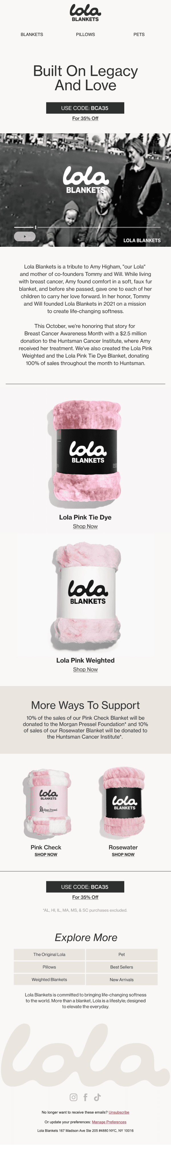 Lola Blankets logo with nav for Blankets, Pillows, Pets. Headline "Built On Legacy And Love" with code BCA35 for 35% off. A black-and-white video still of young Tommy and Will with their mother. Story text on Amy Higham, "our Lola," and the $2.5M donation to Huntsman Cancer Institute. Pink Tie Dye and Pink Weighted blanket product shots, each with Shop Now. More sections for Pink Check, Rosewater, Huntsman Collection, Original Lola, Pet Collection, Pillows, Best Sellers, Weighted Blankets, and New Arrivals, each with its own Shop Now button.