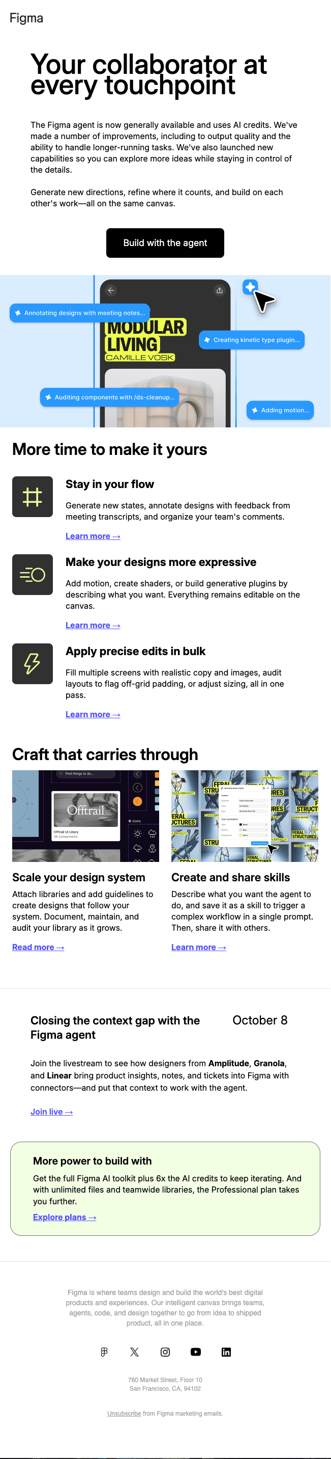 Figma logo at top. Headline: "Your collaborator at every touchpoint." Text announces the Figma agent is now generally available with improved output and new capabilities. Button: "Build with the agent." Sections follow with images: "Stay in your flow" (generating states, annotating from meeting transcripts), "Make your designs more expressive" (adding motion, shaders), "Apply precise edits in bulk" (filling screens, auditing layouts), "Scale your design system" (attaching libraries, auditing), and "Create and share skills" (saving prompts as workflows), each with a "Learn more" link. An invite to an October 8 livestream with designers from Amplitude, Granola, and Linear follows, with a "Join live" button. A closing section promotes the Professional plan with more AI credits and unlimited files, with an "Explore plans" button. Footer has Figma's address and an unsubscribe link.