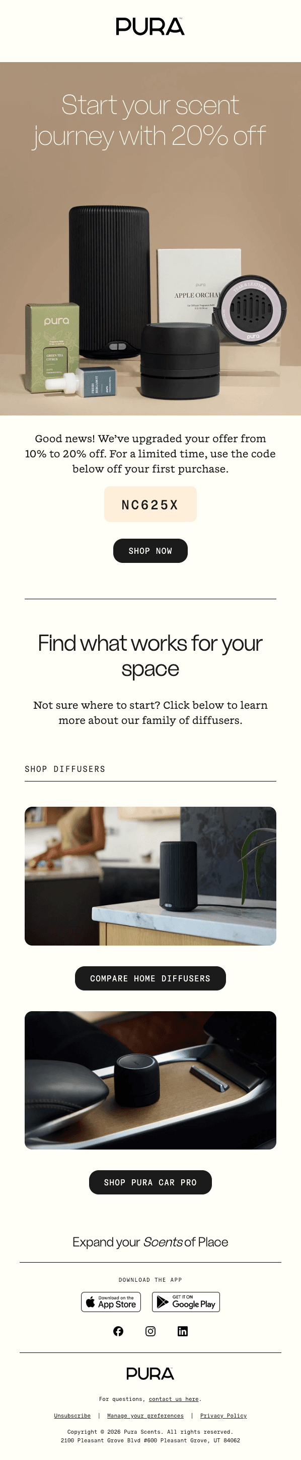 Pura logo at top. Hero text on a tan background reads "Start your scent journey with 20% off." Body copy says the offer was upgraded from 10% to 20% off, with code NC625X above a "Shop now" button. A photo shows a black diffuser on a kitchen counter under "Find what works for your space." Another shows a Pura Car Pro in a car console with "Shop Pura Car Pro." A section invites app downloads via App Store and Google Play badges. Footer has social icons, contact, unsubscribe and address links.